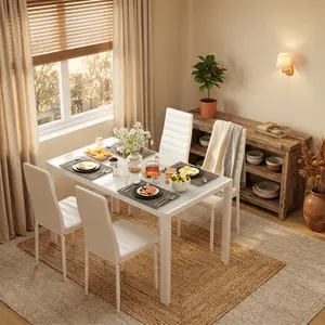 5-Piece Modern Glass Dining Table Set, Dining Table with 4 PU Leather Upholstered Chairs, Heavy Duty Frame Dinner Table Set, Multi-Purpose Home Furniture for Kitchen, Dining Room and Living Room