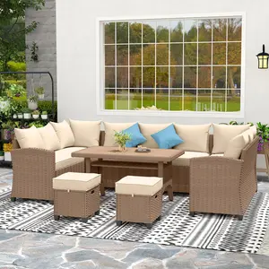6 Piece Patio Furniture Set, PE Wicker Outdoor Furniture Conversation Set with 3 Sofas, 2 Ottomans and Slatted WPC Top Dining Table, All Weather Sectional Sofa Couch with Pillows, Khaki