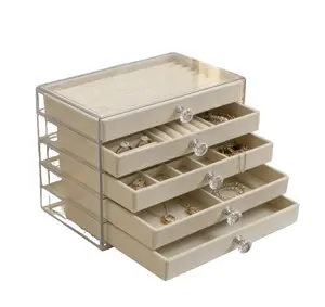5-Layer Drawer Jewelry Organizer, Velvet Jewelry Tray with Clear Lid & Removable Dividers