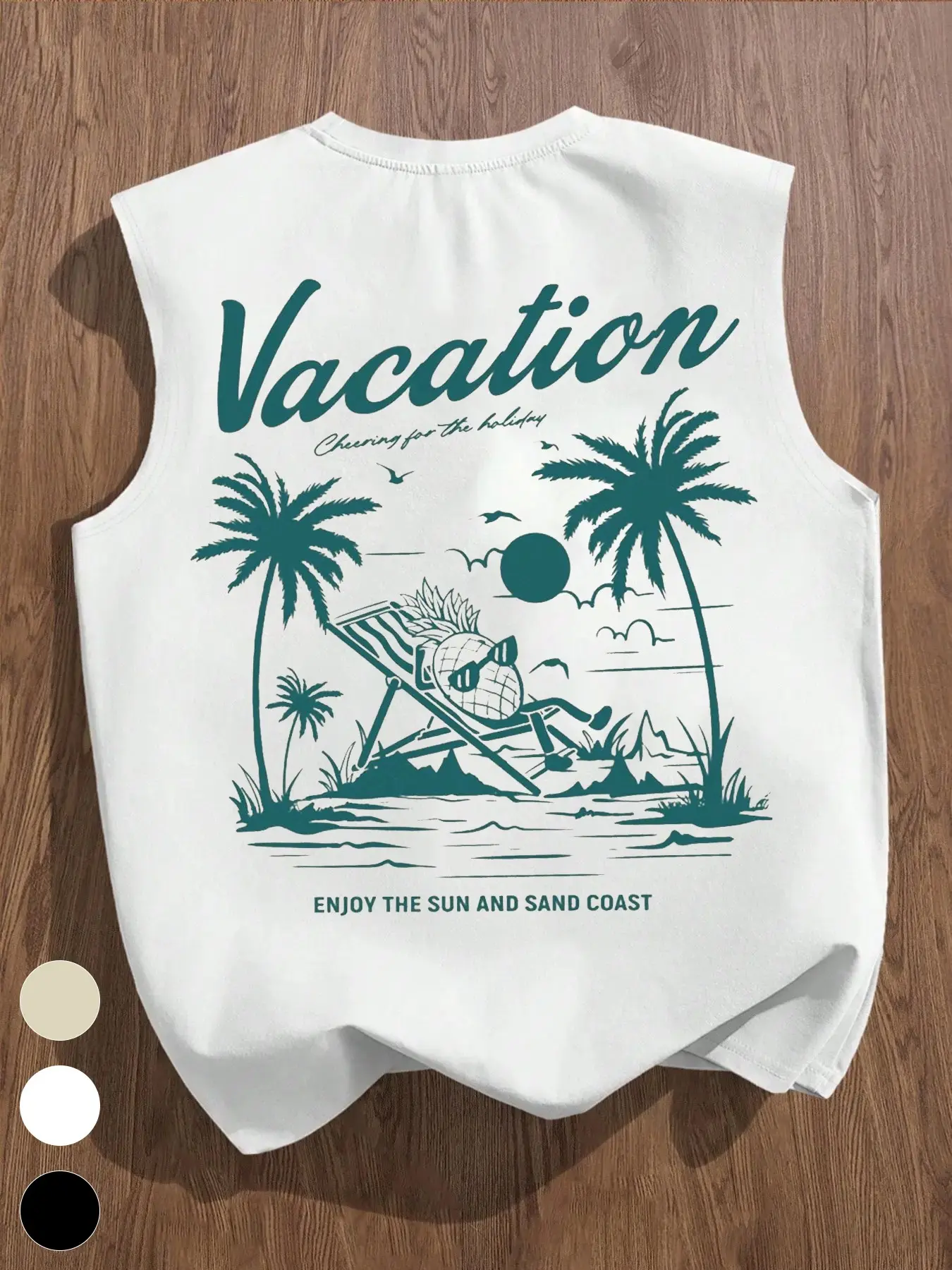 Unisex Vacation Pineapple Beach Print Sleeveless Vest, Tropical Coconut Tree Print, Multiple Colors, Summer Coast Aesthetic, Soft Breathable