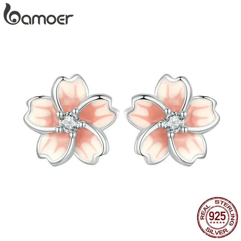 Pink Enamel Cherry Blossom Earrings 925 Sterling Silver CZ Flower Stud Earrings Platinum Plated for Women Girls