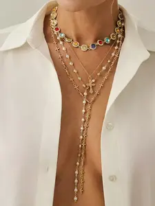 Boho Style Chain Necklace Set of 4, Stacking Necklace, Unique Colorful Crystal Pendants, Women's Jewelry, Perfect Gift, Boho Elegant Crystal Accessories