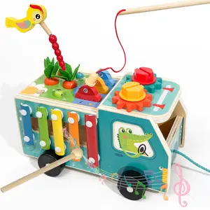 6-IN-1 Wooden Kids' Farm truck Toys, Fishing Game | Play the Xylophone | Frog Clock | Carrot Harvest Game | Spinning Gear, Toddler Toys Aged 3-6, Baby Toy Gift for Early Learning, Halloween Christmas Gift