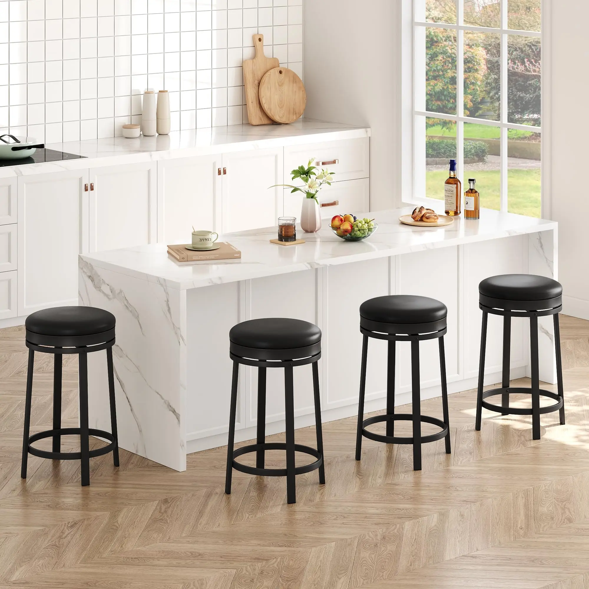 Garvee Set of Modern Swivel Bar Stools, Available in Black and Brown, Featuring PU Leather Upholstered Seats, Metal Frames, No Backrest, Mid-Century Style, Counter Height (65 cm), Ideal for Kitchen, Bar, and Restaurant Use