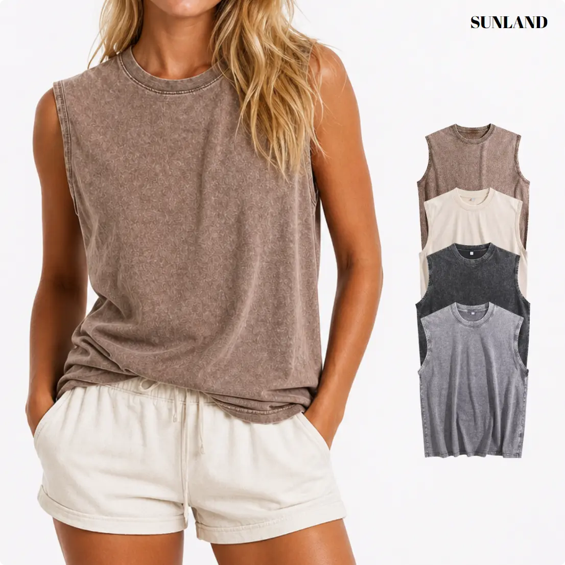 Sunland 1/2 Pack Female Solid Pure Cotton Oversized Sleeveless Athletic Loose-Fit Tank Tops - Acid Wash, for Gym, Holiday, Summer 2026, Travel, Hiking, Picnic, Gym & Sport, Avoid Using Bleach, Barbecue Party