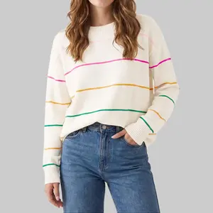 Shewin  Women's Round Neck Long Sleeve Colorful Striped Knit Pullover - Oversized Ribbed Cuff Casual Knitwear Clothes, Stylish Soft Fabric Women's Clothes for Daily Outings DealsForYouDays
