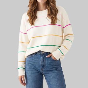 Shewin Summer Outfit Women's Round Neck Long Sleeve Colorful Striped Knit Pullover - Oversized Ribbed Cuff Casual Knitwear Clothes, Stylish Soft Fabric Women's Clothes for Daily Outings DealsForYouDays