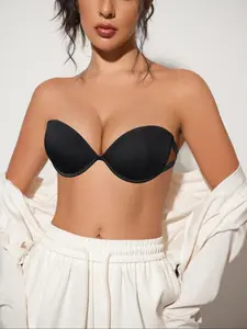 Women's Solid Color Underwire Strapless Push Up Bandeau Bra, Casual Comfortable Breathable Buckle Back Bra for Daily Wear, Women's Lingerie for All Seasons, Underwear