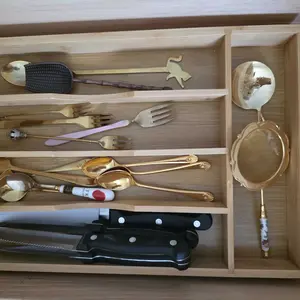 Bamboo Utensil Organizer for Kitchen Drawers with 5 Slots - Sturdy Wooden Drawer Dividers for Silverware, Cutlery & Knives Storage - Multi-Purpose Tray for Home Organization