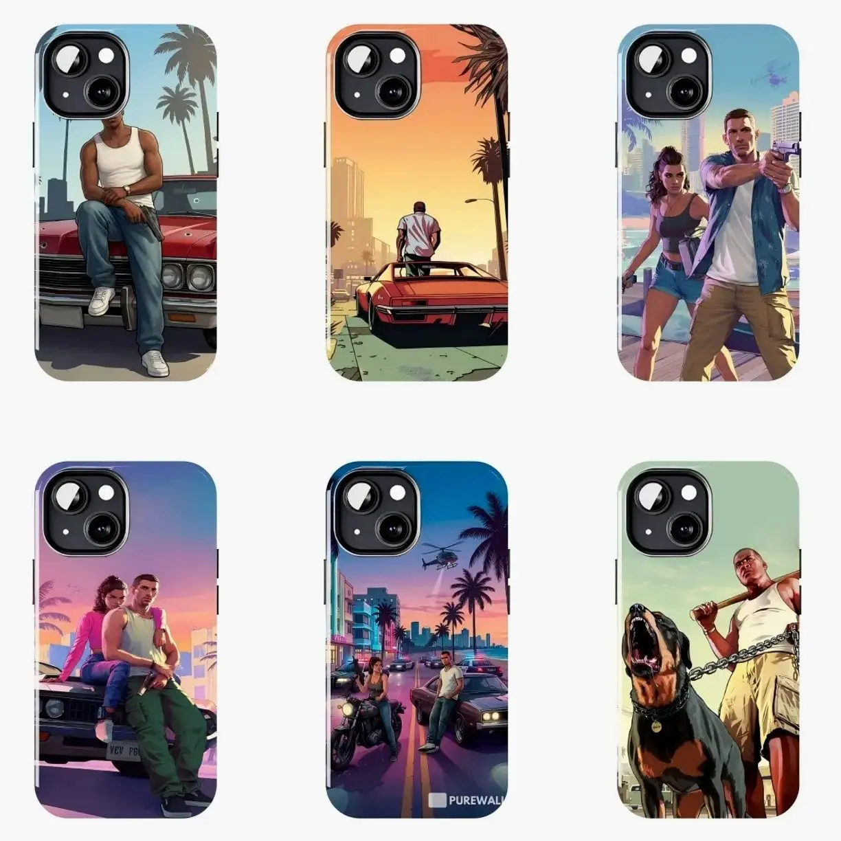 6 Styles GTA Vice City Classic Character Sports Car Coast Scene Art Phone Case, Slim Anti-Drop Protective Cover, for iPhone 7 8 XR XS XSM 11 12 13 14 15 16 17 Plus/Pro