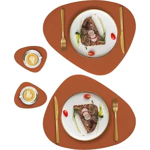 Faux Leather Placemats and Coasters Set, Round Leather for Dinner Table Mats Heat Resistant Washable Insulation Coffee Mats Kitchen Place Mats Nordic Style (Brown, 2 Placemats+2 Coasters)