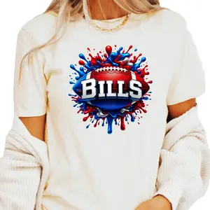 Bills Football Shirt for Men and Women - Red and Blue Team Colors Paint Splatter T-Shirt - Unisex Football Fan Tee Casual Crewneck