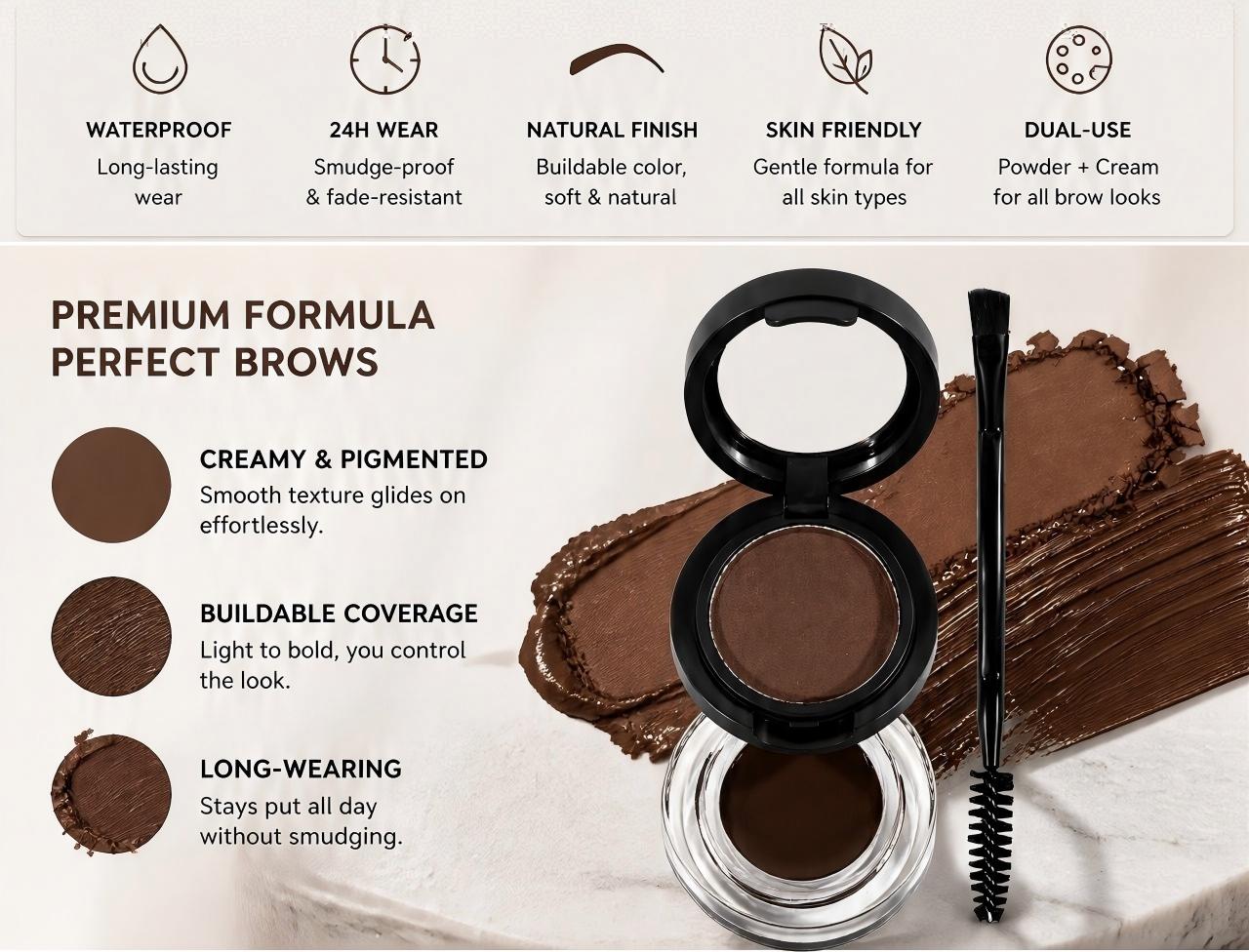 2-in-1 Eyebrow Powder & Cream Gel Kit, Waterproof Long-Lasting Smudge-Proof Makeup with Brush & Mirror for Natural Fluffy Laminated Brows, TikTok Viral Beauty Product