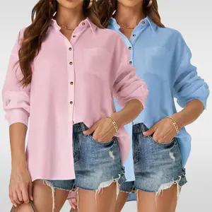 JEKAOYI Womens 2-Piece Set Oversized Casual Linen Cotton Button Down Long Sleeve Shirts V-neck Collared Work Summer Blouse Tops with Pockets