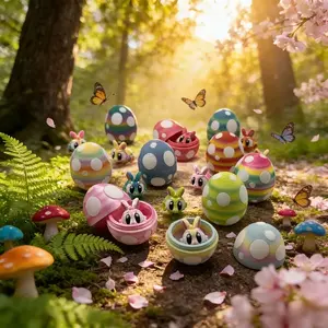 8-Piece Easter Decor Set (eggs & Bunnies), Multicolor Gradient Eggs, Cute Bunny Figurines, Indoor/outdoor Tabletop Decoration