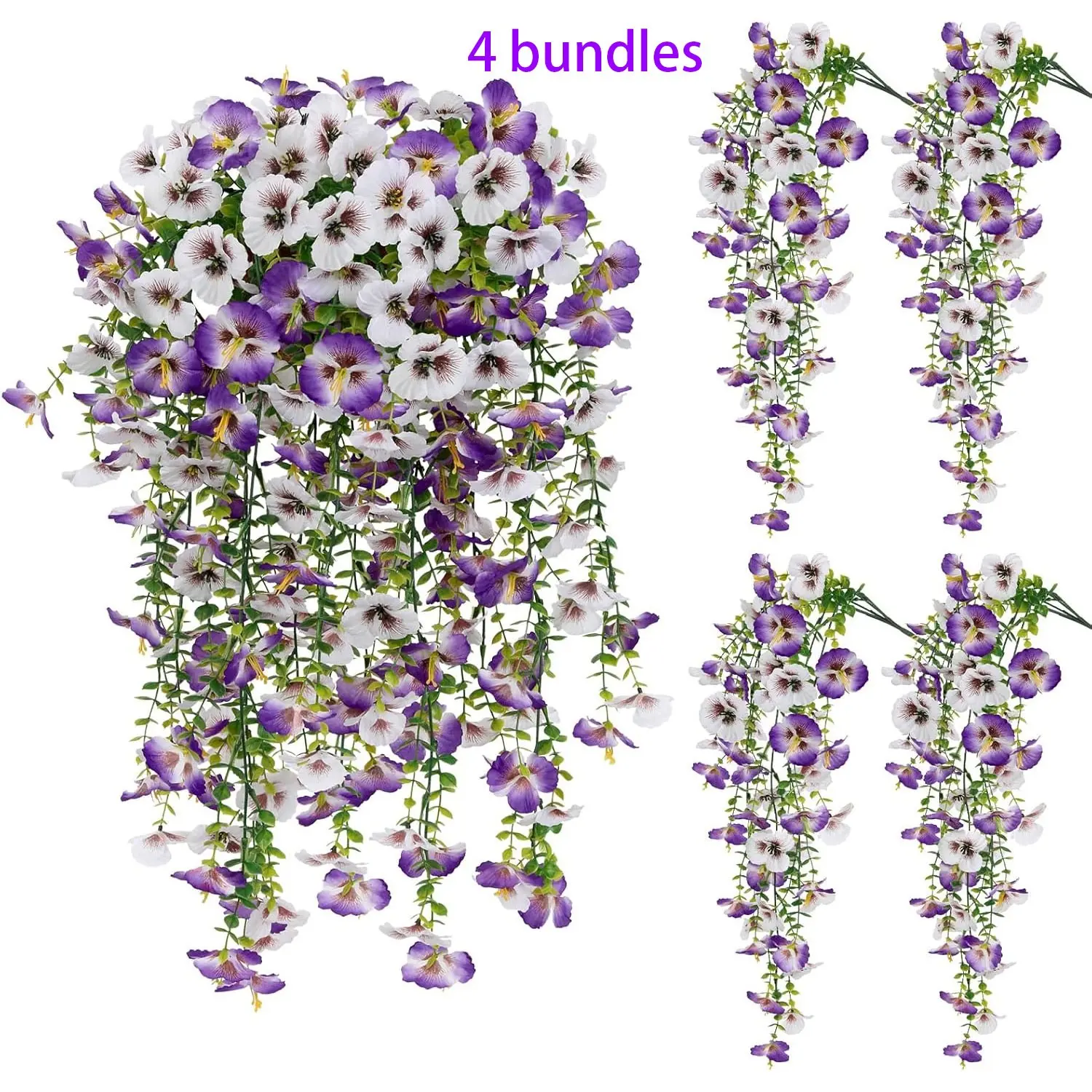 4 Pack Realistic Hanging Flowers Decorative Faux Artificial Plants, Outdoor Use, Lightweight, Silk Viola Fake Flowers with Eucalyptus Leaves, UV Resistant, Home Garden Decor, Home Decor Accessory, Artificial Flower Decorations
