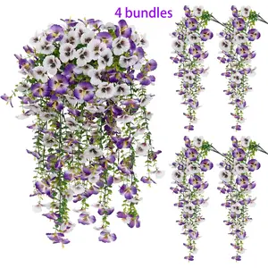 4 Pack Realistic Hanging Flowers Decorative Artificial Plants, Outdoor Use, Lightweight, Silk Viola Fake Flowers with Eucalyptus Leaves, UV Resistant, Home Garden Decor