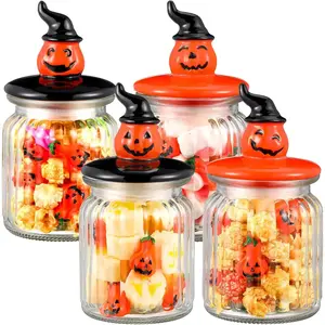 4 Pcs Halloween Pumpkin Glass Jar with Cap 7.8 oz Witch Hat Pumpkin Clear Candy Jar Decorative Food Storage Canister with Airtight Ceramic Lid for Halloween Party Tea Cookie Table Decoration
