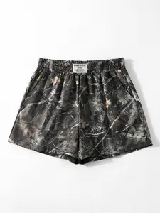 Retro street withered tree branches camouflage full print loose sports shorts, suitable for women's daily commuting and outdoor wear in summer