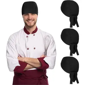 Chef Hat Tie Back for Men Adjustable Chef Cap Bandana Skull Cap Black Breathable Cooking Hat for Men Women