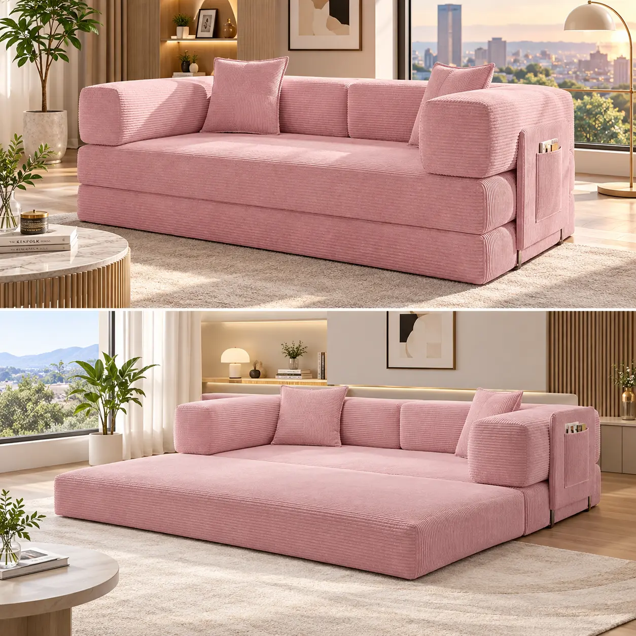 78.8in Traditional Double Corduroy Sofa Bed, No-Assembly Outdoor Modular Furniture with Storage Pocket, Pink Living Room Convertible Piece,sohochic