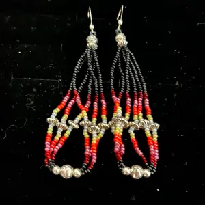 Navajo Handmade Beaded Earrings with Black Seed Beads, Pink Sunset Seed Beads, Silver Alloy Daisy Shaped Beads, and Silver Plated Rosebuds