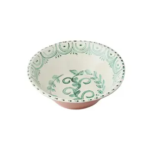 Hand Painted Green & White Serving Bowl