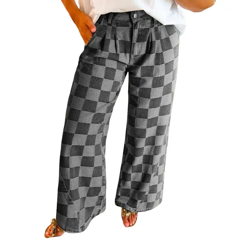 Women's Comfy High Waist Checkered Pleated Wide Leg Jeans with Patch Pockets, Button Closure - Casual All-Season Bottoms