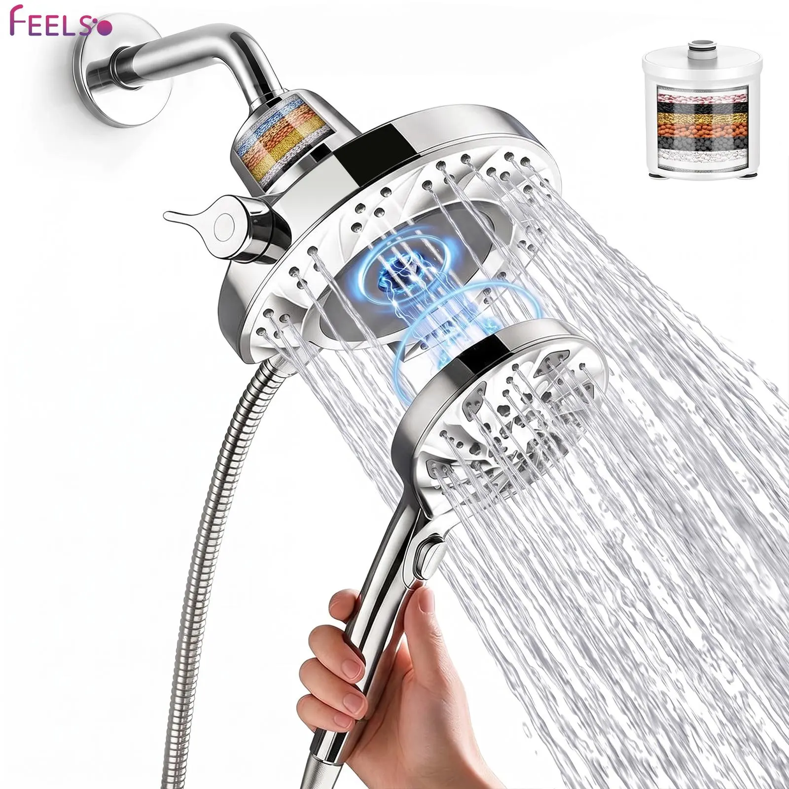 FEELSO Shower Head Combo With Magnetic Dual Rain, High-Pressure Rainfall Showerhead, 3+6 Sprays&Water-Saving Mode, Built-in Filter for Clean Water, Strong Magnetic, Anti-Clogging Nozzles, 60" Hose, Detachable Dual Shower, Remove Chlorine