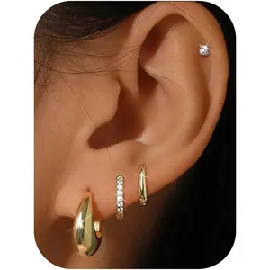 Besteel 4 Pairs Gold Plated Earrings Set for Women Hypoallergenic Huggie Hoop Earring Set for Multiple Piercing Small Dainty Helix Tragus Cartilage Flat Back Stud Earring Stacks Pack Silver