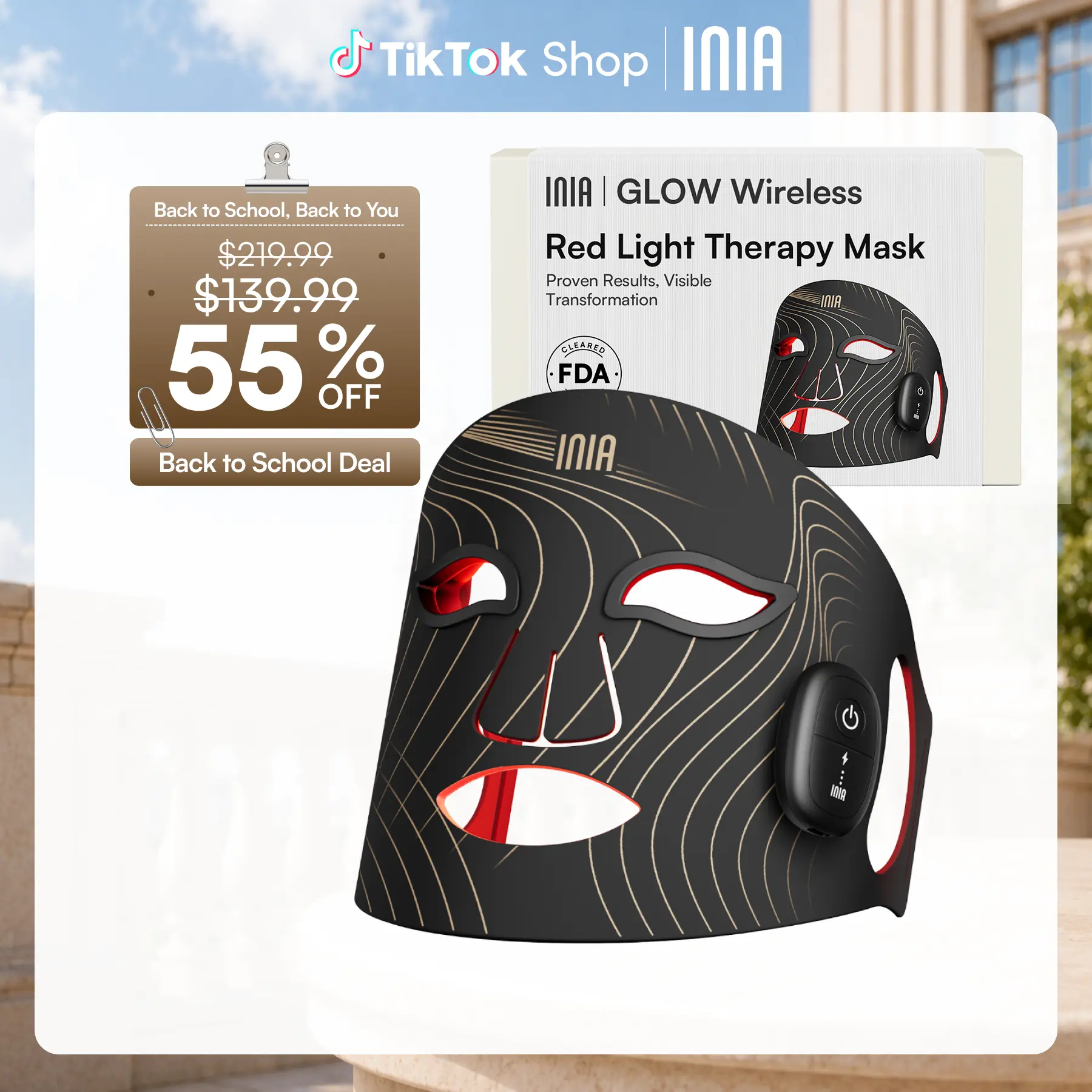 INIA GLOW Wireless LED Red Light Therapy Mask - Rechargeable Battery, Included Batteries, 2-Year Warranty, Portable, for At-Home Skincare & Summer Travel, Targets Eyes, Supports Glowup (Facial Beauty Device), Adults,back to school,back to school haul