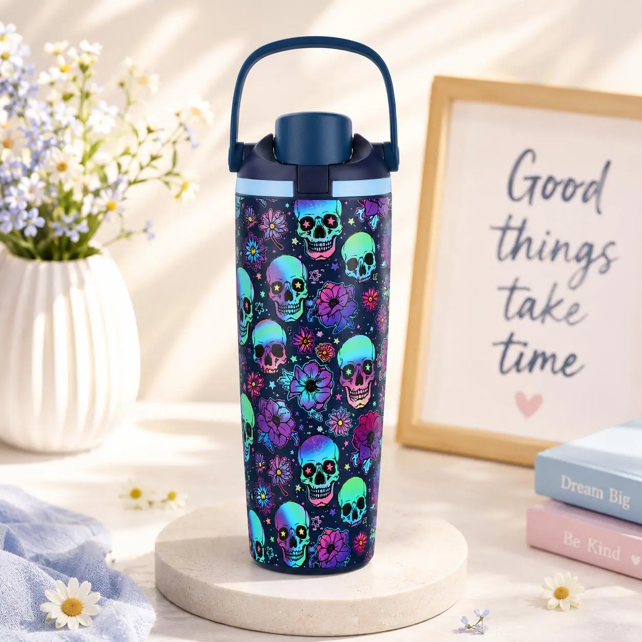 Owala Skull Fire Edition 32oz FreeSip Insulated Water Bottle, Colorful Skull and Flower Print Tumbler with Carry Handle