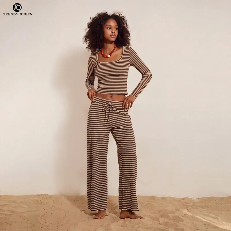 TRENDY QUEEN Women's 2-Piece Striped Longsleeves Lounge Set - Long Sleeve Side Ruching Top, Wide Leg Drawstring Pocket Pants, Women's Clothes Suit  classy two