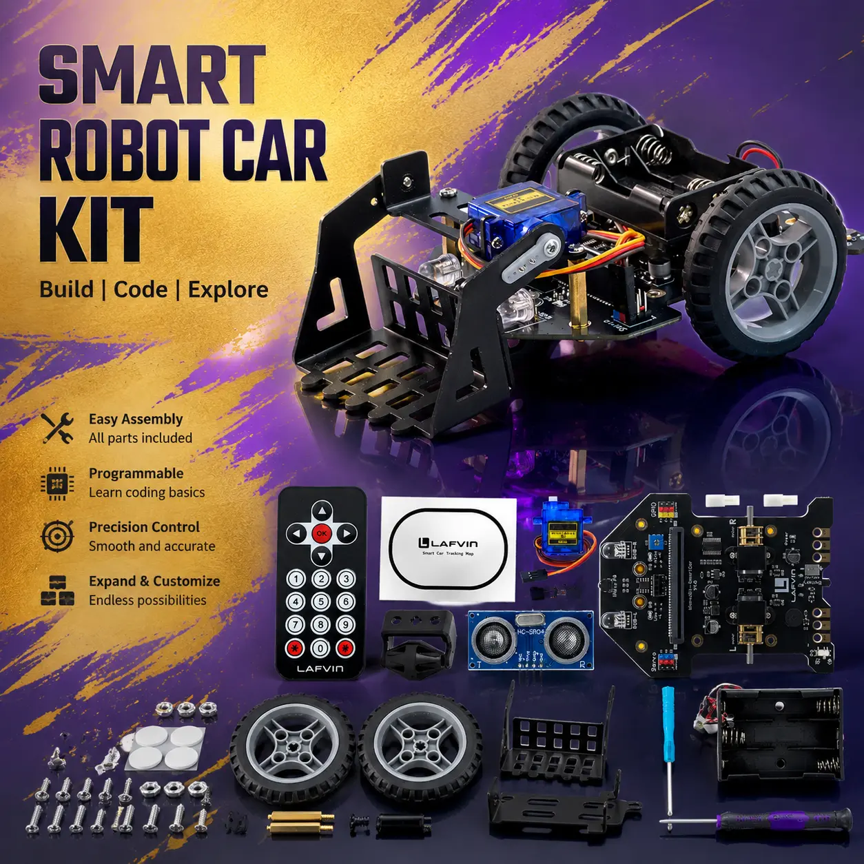 Micro:Bit Smart Robot Car Kit with Ultrasonic Sensor, SG90 Servo, RGB Searchlight & Infrared Receiver – DIY Programmable Coding Car for STEM Learning & Classroom Education