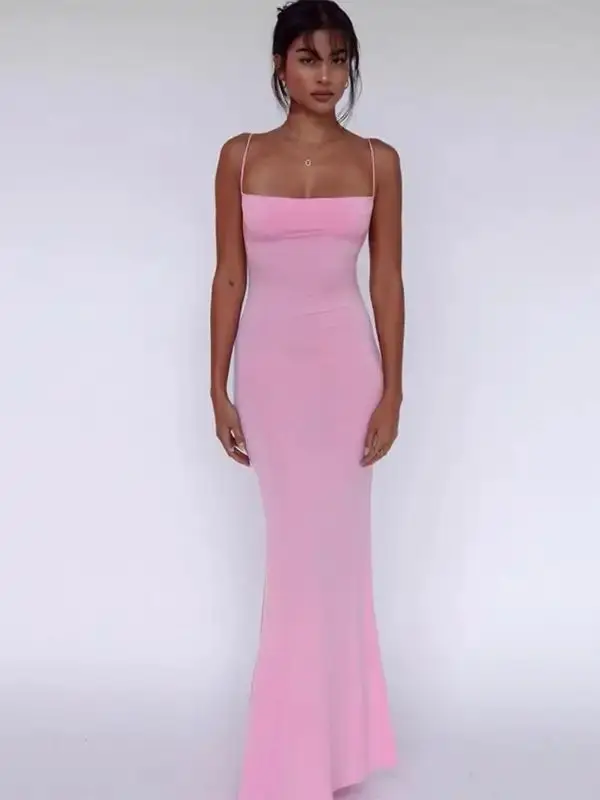 Womenswear Solid Backless Cami Mermaid Dress, The Red Dress Girl Quince, Minimalist Adjustable Strap Sleeveless Maxi Dress for Party Club Dating Wear, Ladies Summer Clothes Sundress for Women, Dresses for Women, Summer Dresses 2025