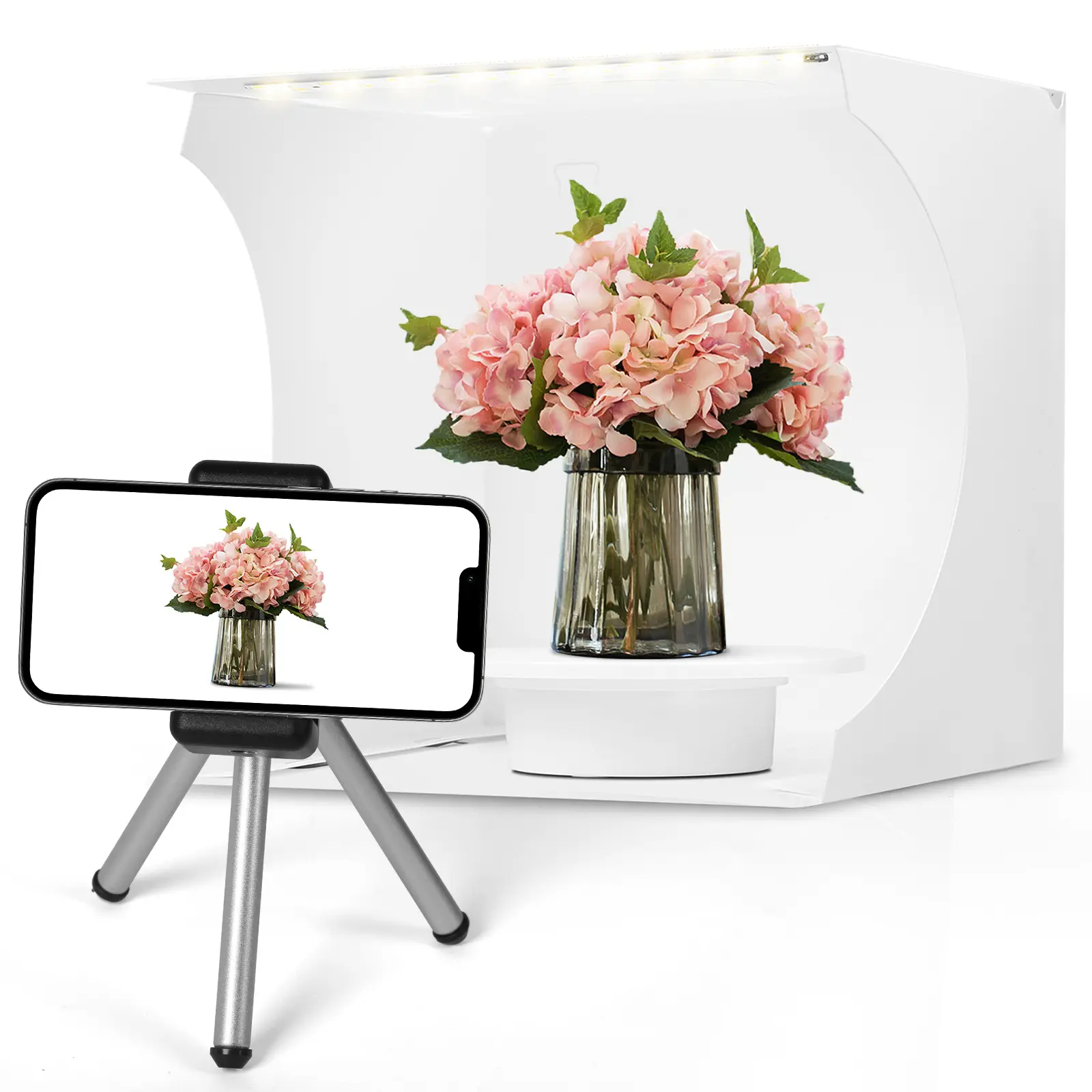 Mini E-Commerce Product Shooter Photo Light Box Foldable LED Portable Setup with 360° Rotating Turntable, Mini Phone Tripod Holder, USB Power and 5 Color Backdrops for Home Small Item Photography