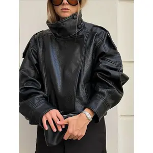 Autumn women's artificial leather jacket, casual solid color long sleeved zipper PU leather jacket, new fashionable women's street wear, basic minimalism, black hoodieRAIMENTRY