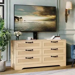 Modern Farmhouse TV Stand with Mount, Media Console Entertainment Center with 6 Rattan Drawers, Wooden Dresser with Ample Storage for Living Room and Bedroom