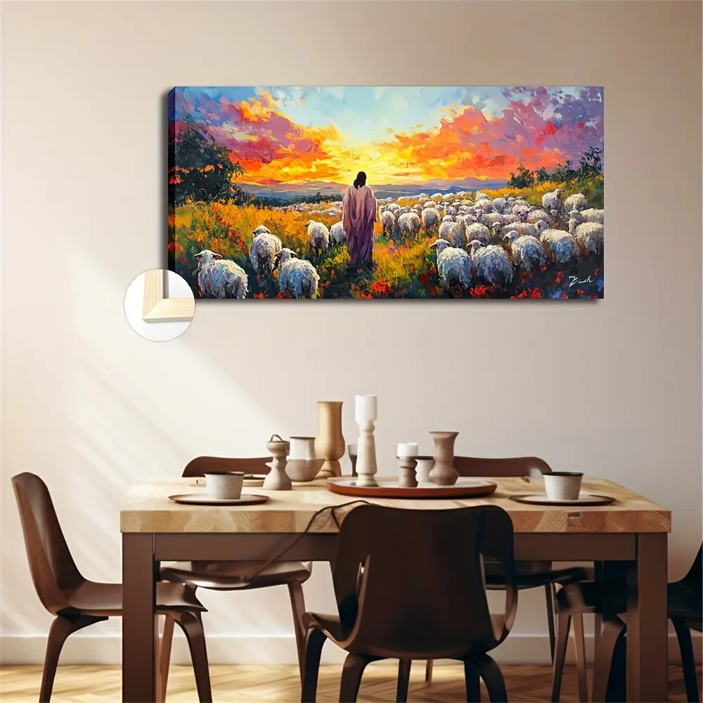 Wooden Framed Jesus and Sheep Canvas Wall Art, Christian Spiritual Wall Decor for Indoors, Faith Church Gift (Note: Check the Size Carefully)