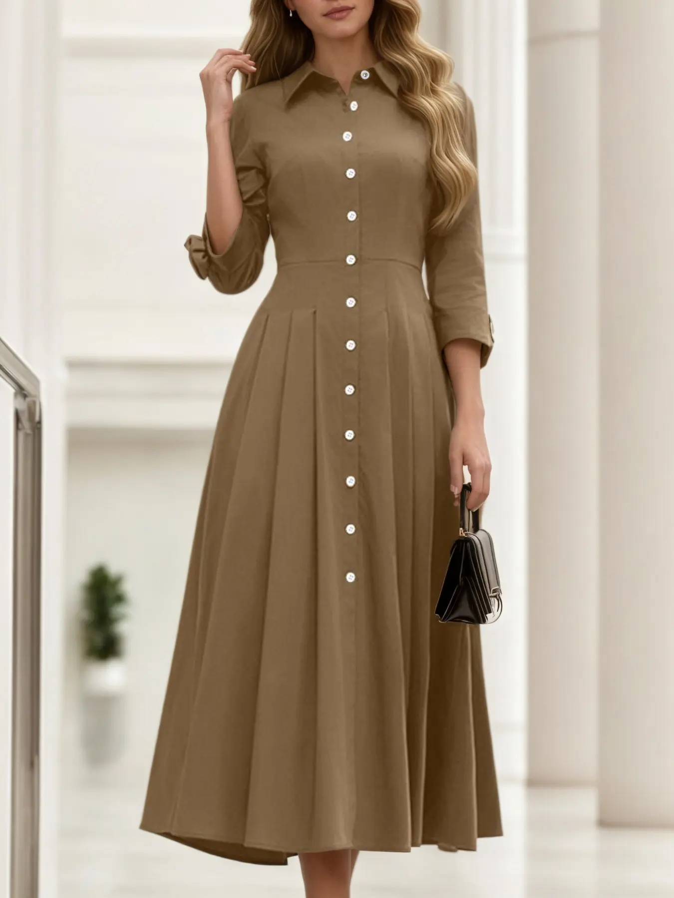 Women's Solid Color Dress, Button Front Long Sleeve A-Line Shirt Dress, Button Collared Dress, Casual Wear Fitted Plain Chic Elegant Design for Daily Commuting Everyday Basic