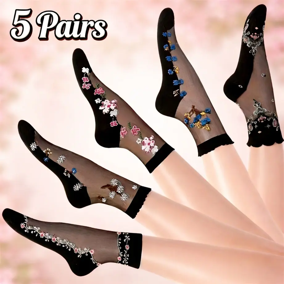 5 Pairs Women’S Sheer Ankle Socks, Embroidered Floral Mesh Crew Socks, Thin Transparent Dress Socks, Cute Breathable Black Glass Silk Socks