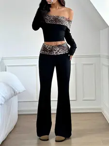 Women's Leopard Print Fashion Set, Off-Shoulder Long Sleeve Crop Top & Flare Pants, Casual Wear Spring Summer, 2 Piece Set