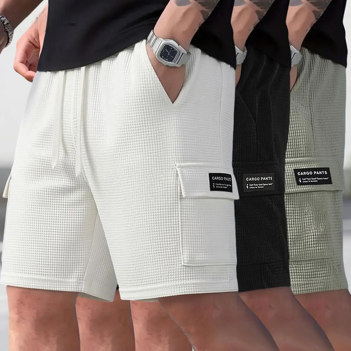 3-pack men’s corduroy casual shorts with drawstring waist and side pockets, reverse pocket, fashion label, perfect for summer beach and golf, solid color with pockets Menswear