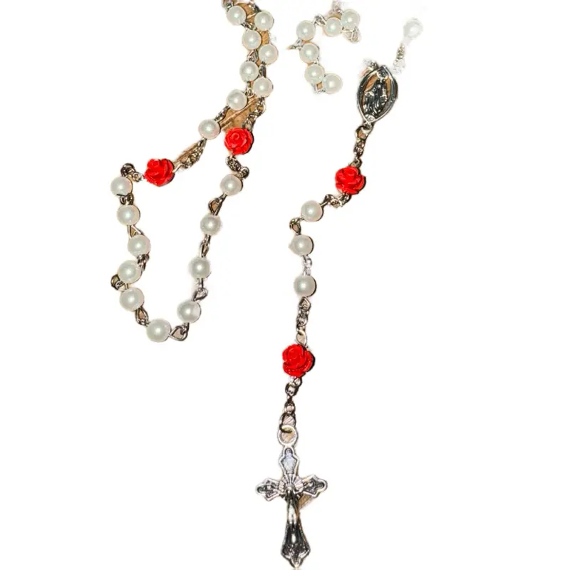 White Pearl & Red Rose Rosary - Simple Design Featuring White Pearls and Red Roses as Shown