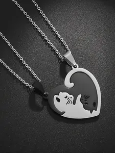 Cute Cat Design Pendant Necklace & Ring & Bracelet, Stainless Steel for Women & Men, Trendy All-match & Exquisite Matching Jewelry Set for Birthday Gift