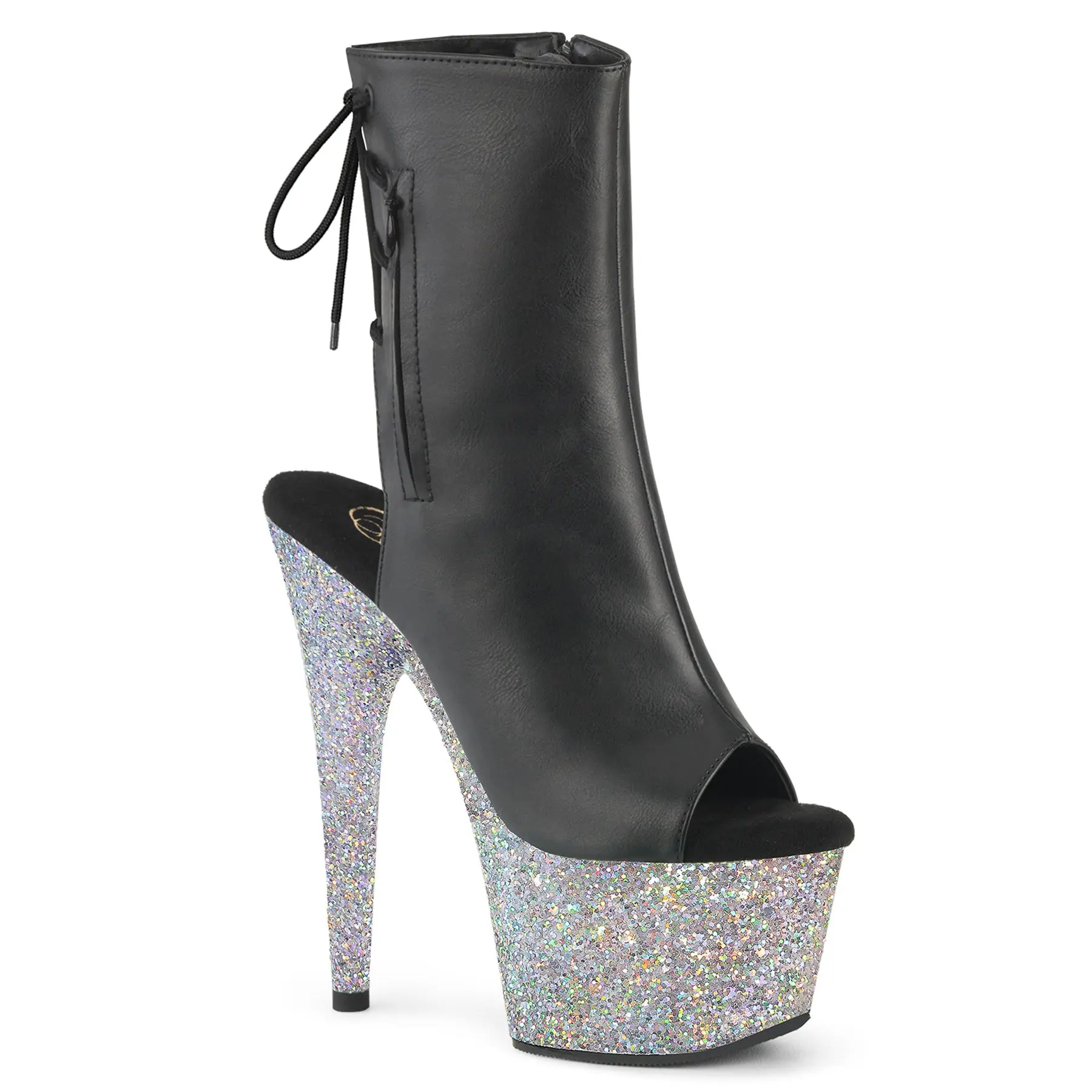 Elegant Stiletto Ankle Boots for Women, 7" Open Toe Platform Footwear in Faux Leather with Silver Glitter, Lace-Up Back & Hidden Pocket, Stylish, High Heels, Chic, Zipper, Heeled, Performance, Statement Shoes, Bold, Dancers