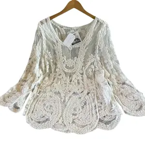 Lavender Tribe Women's Crochet Cotton Lace Long Sleeve Blouse Bohemian White Feminine Folk Top Western Long Sleeve Shirt ~ Sizes Small to XL Soft Womenswear Fit Garment Medium Lady Comfort Light