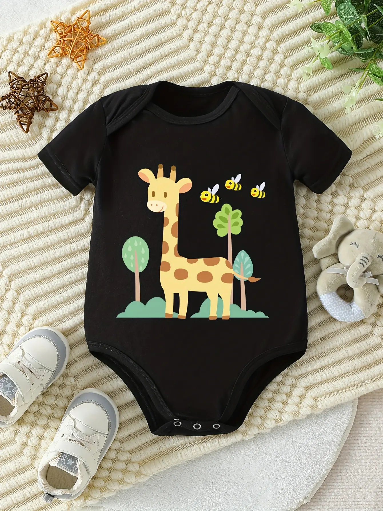 Unisex Baby Black Short Sleeve Bodysuit, Cartoon Giraffe Bee Tree Jungle Scene Newborn Cotton Onesie