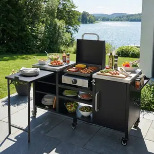 72.4-inch Large Grill Table, Compatible with Big Green Egg Barbecue Ovens, Metal Outdoor Grill Cart with Fold-Down Prep Surface, Adjustable Shelves and Spice Racks, Outdoor Kitchen Island