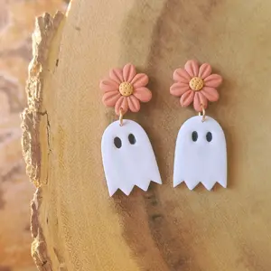 Pink, Orange Flower + Ghost | Spooky, Halloween, Fall Polymer Clay Earrings